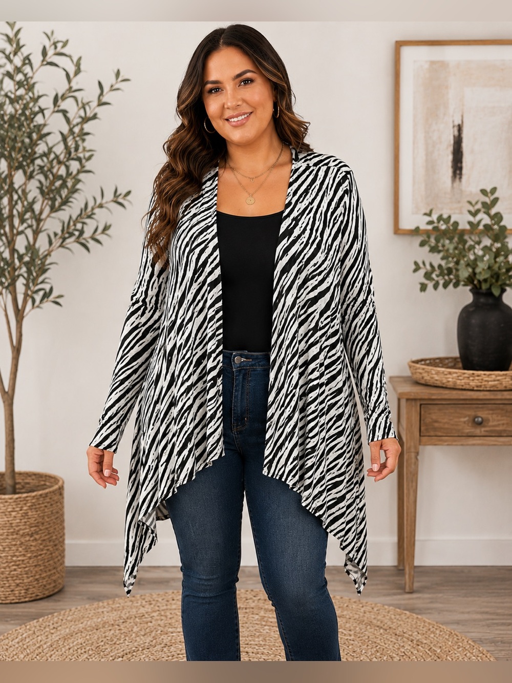 Zebra Print Open Front 2X Cardigan Oversized Draped Lightweight Preloved A28